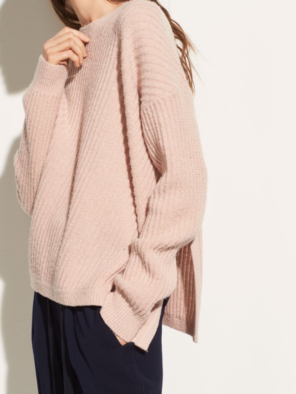 Vince Side Slit Wool Blend Ribbed Knit Crew Neck Sweater Blush Pink XS $325
